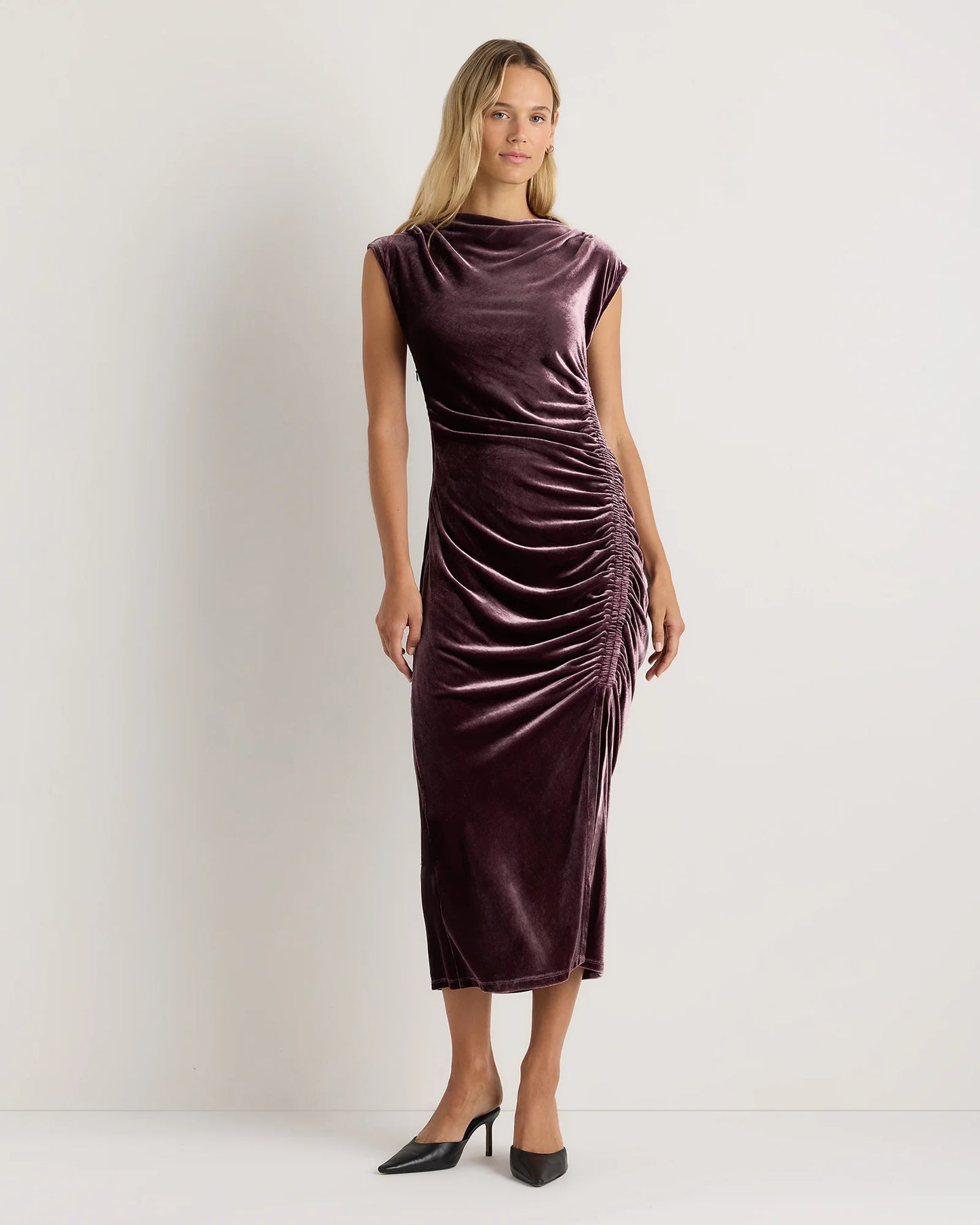 Stretch Silk Velvet Ruched Midi Dress - 0 / Black