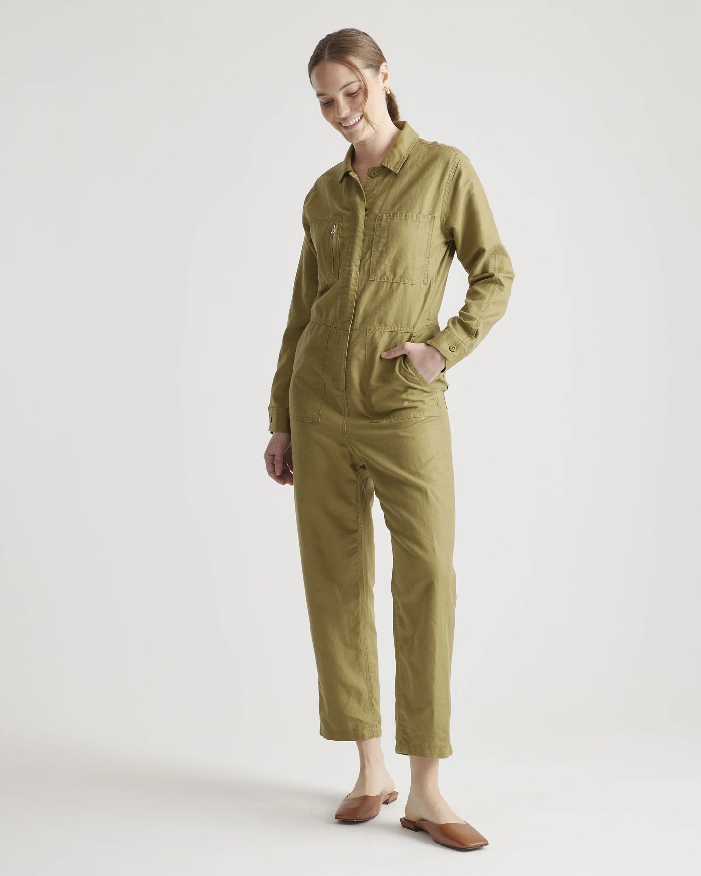 Cotton Linen Twill Long Sleeve Coverall Jumpsuit - XS / Army Green
