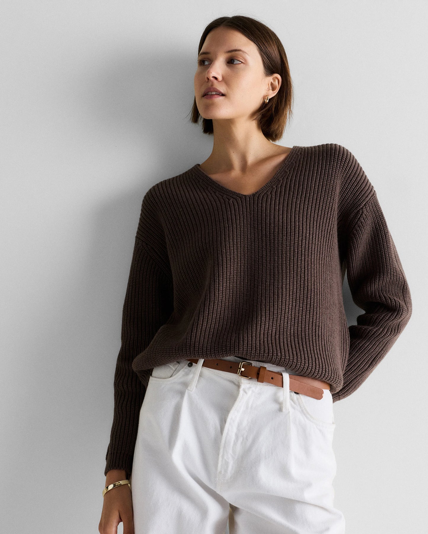 100% Organic Cotton Fisherman V-Neck Sweater - XS / Heather Brown