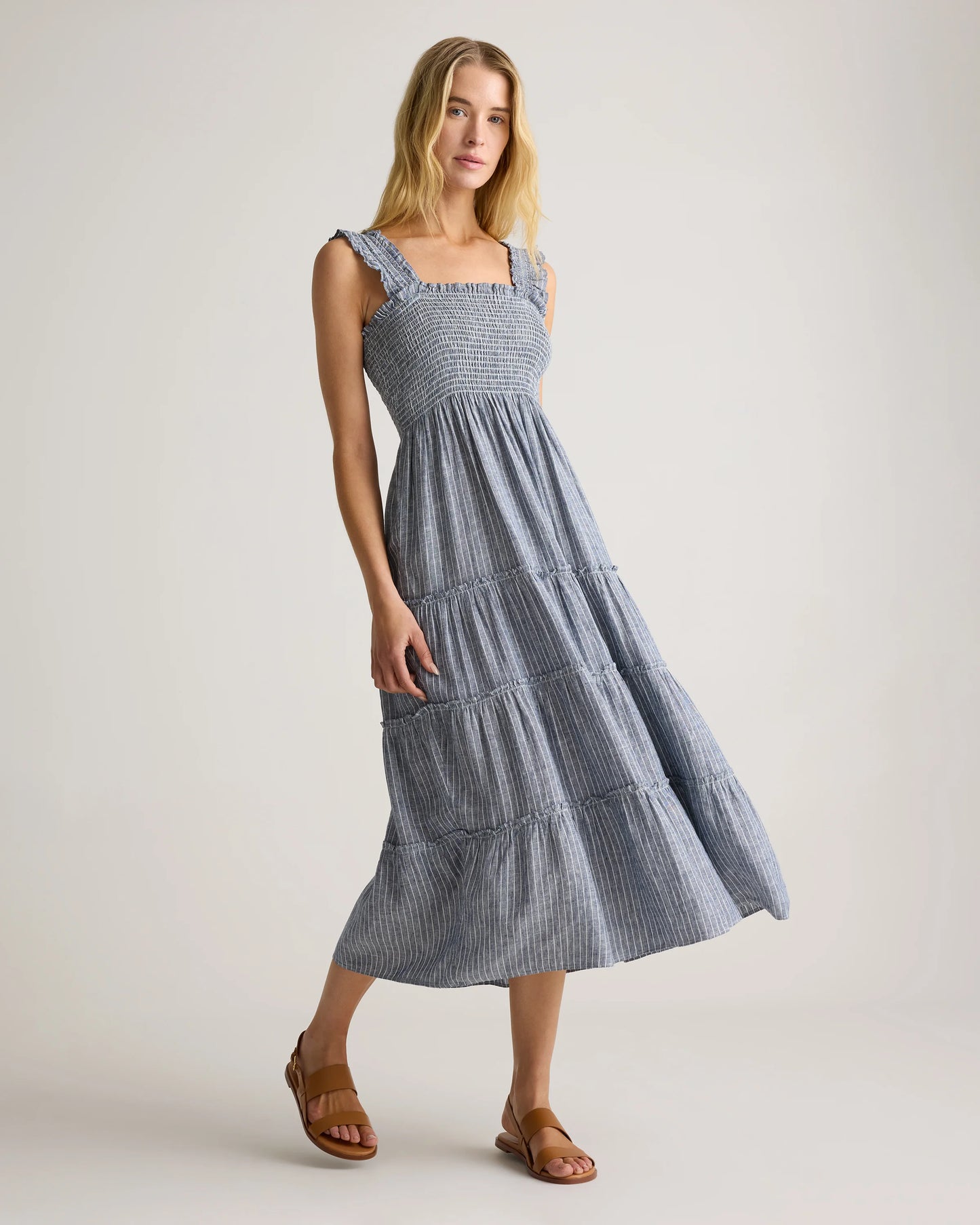100% European Linen Smocked Midi Dress - XS / Ivory Porcelain Blue Petite Floral