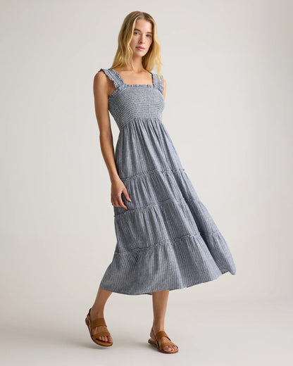 100% European Linen Smocked Midi Dress - XS / Ivory Porcelain Blue Petite Floral