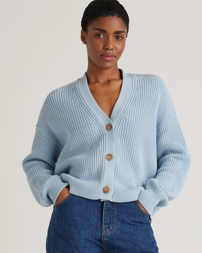100% Organic Cotton Fisherman Boxy Cropped Cardigan - XS / Sapphire Blue