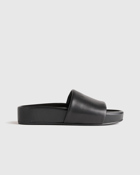 Italian Leather Platform Slide Sandal - 5 / Black