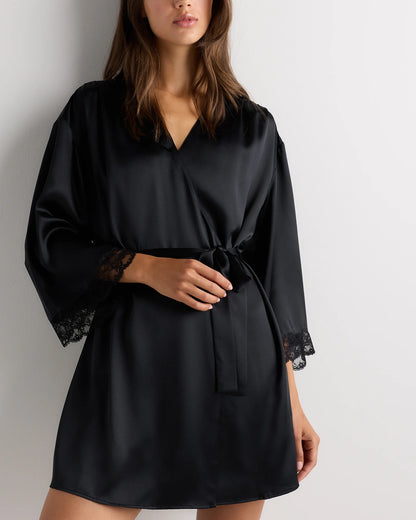 100% Washable Silk Satin Lace Trim Robe - XS / Black