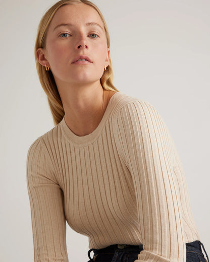 Cotton Cashmere Ribbed Long Sleeve Sweater - XS / Sugar Stone