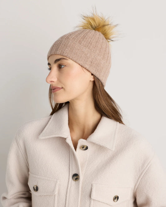 Mongolian Cashmere Pom Pom Beanie - One Size / Oatmeal