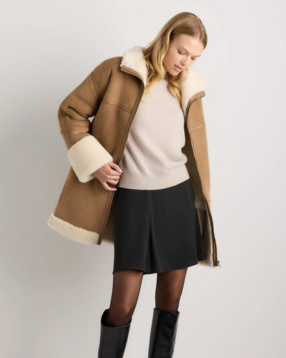 100% Shearling Long Coat - XS / Fawn/Off-White