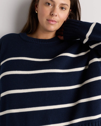 100% Organic Cotton Striped Crew Sweater - 1X / Speckled Beige/Ivory