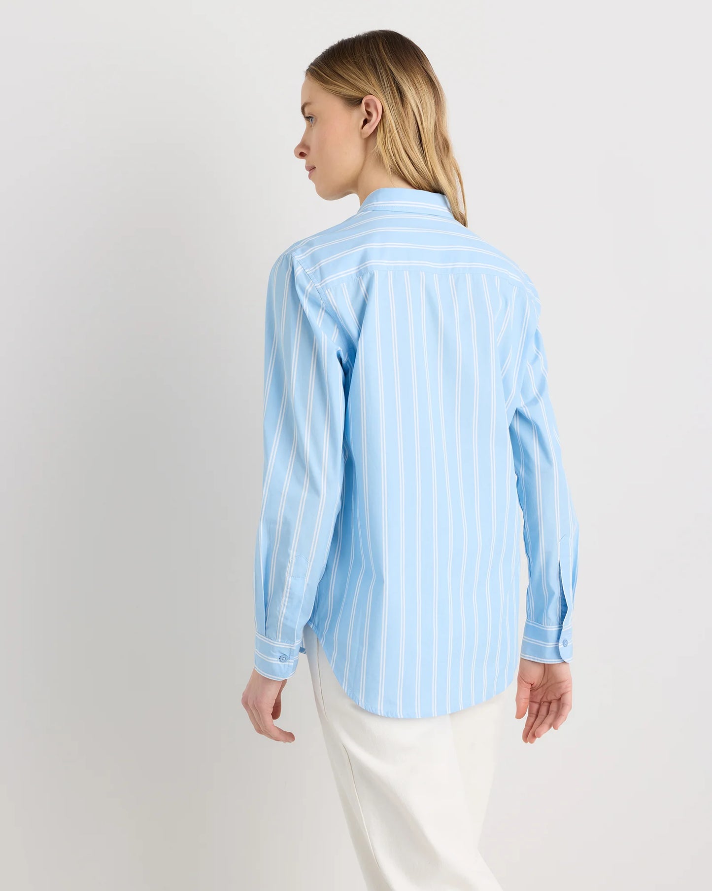 100% Organic Cotton Poplin Long Sleeve Shirt - XS / Delta Blue Double Stripe