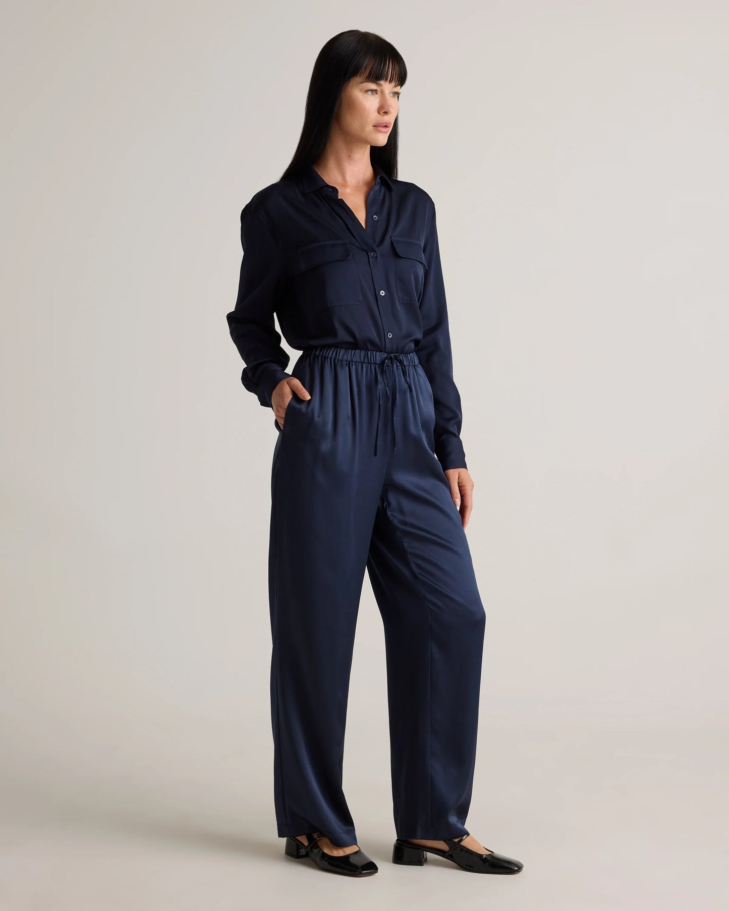 100% Washable Silk Drawstring Wide Leg Pants - XS / Black
