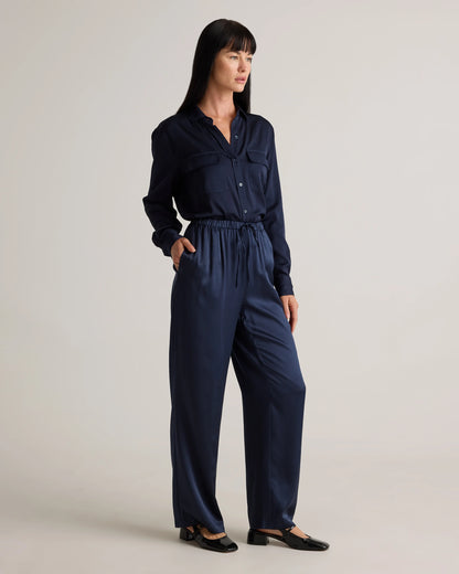100% Washable Silk Drawstring Wide Leg Pants - XS / Black