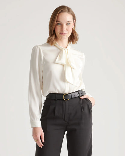 Washable Stretch Silk Tie Neck Blouse - XS / Moonstone Blue