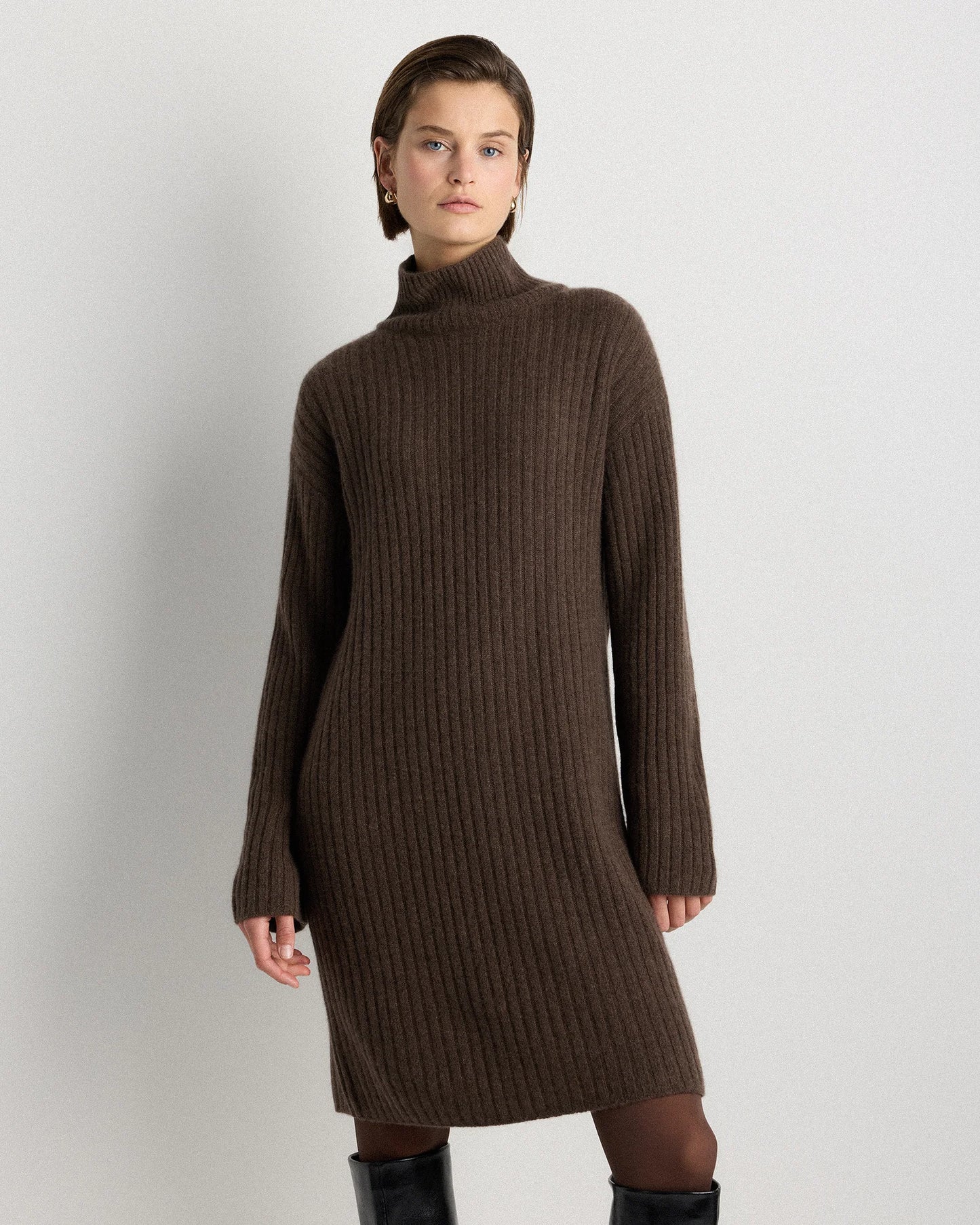 Mongolian Cashmere Ribbed Turtleneck Mini Dress - XS / Black