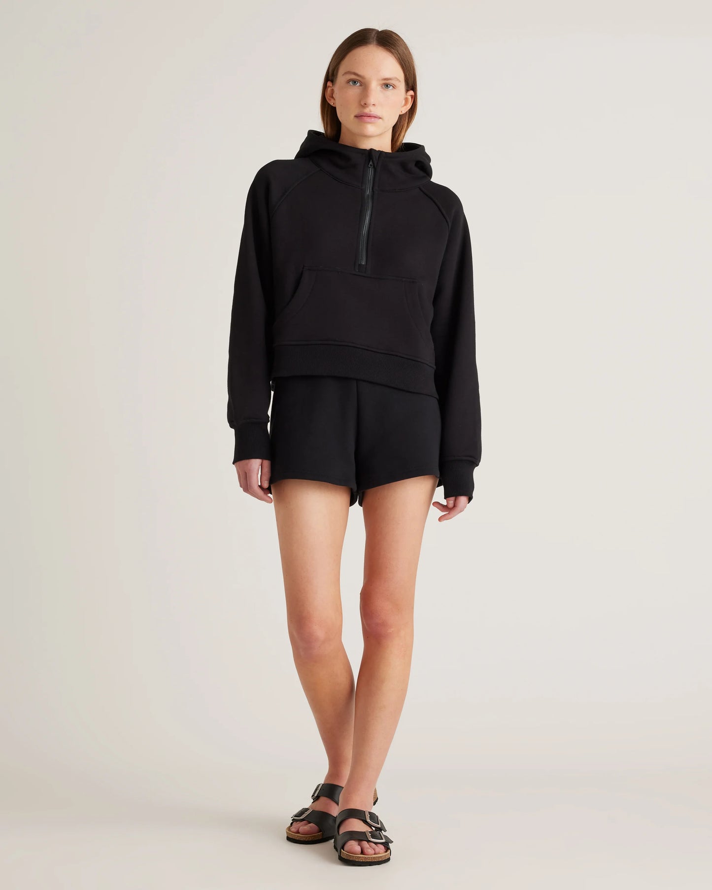 Organic Heavyweight Fleece Cropped Half Zip Hoodie - XS / Taupe