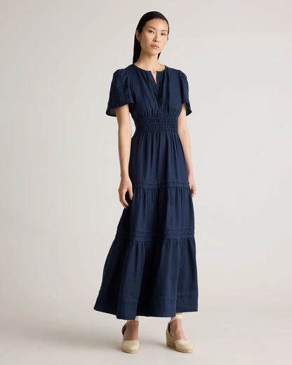 100% European Linen Tiered Maxi Dress - XS / Ivory Porcelain Blue Petite Floral