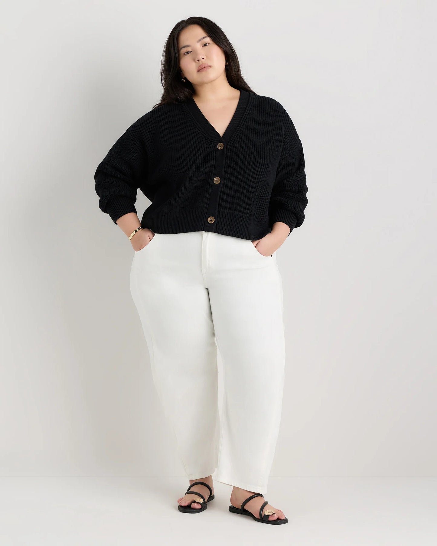 100% Organic Cotton Fisherman Boxy Cropped Cardigan - 1X / Black