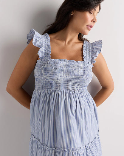 100% Organic Cotton Poplin Maternity Smocked Midi Dress - XS / Classic White