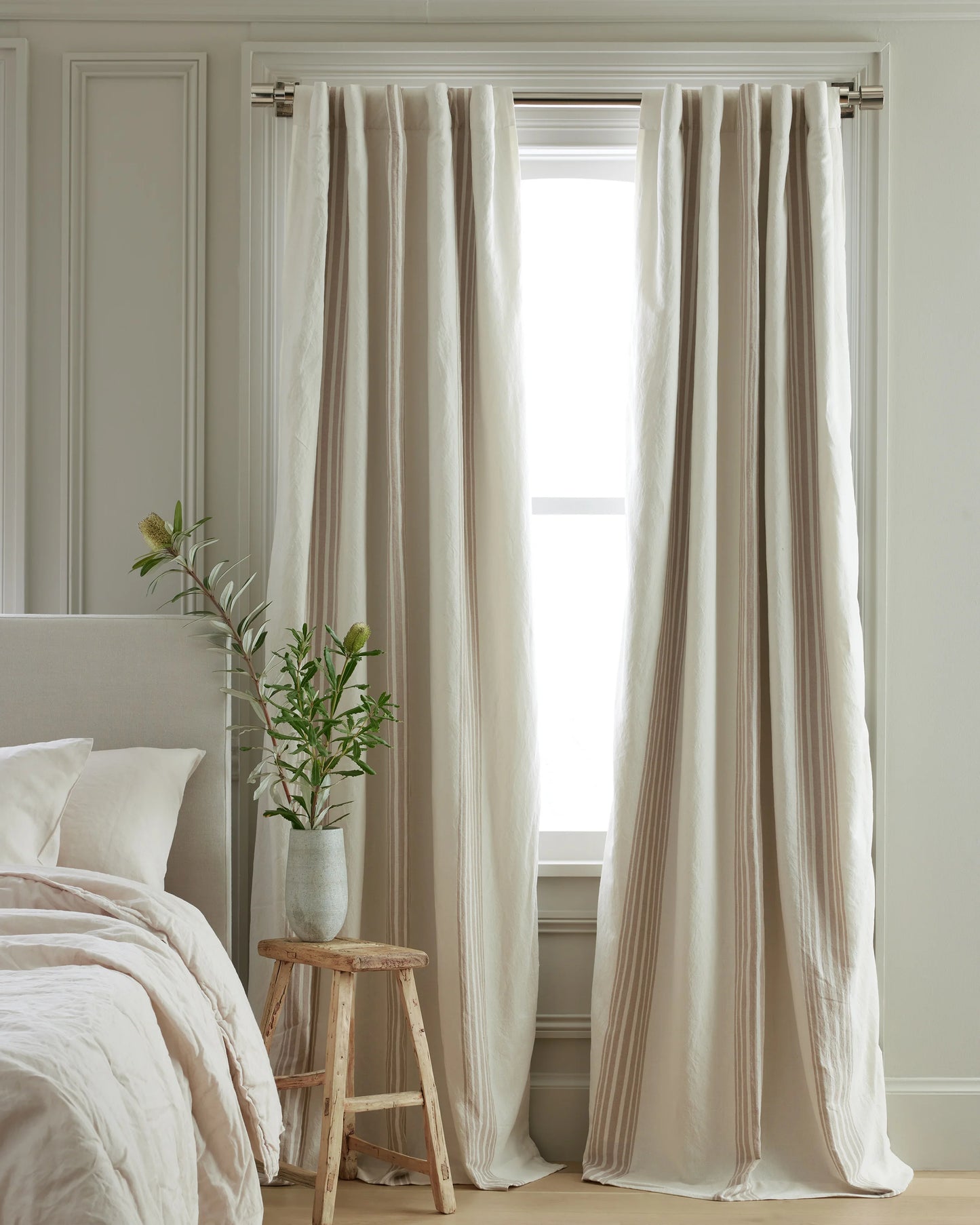 Coastal Stripe Linen Cotton Room Darkening Curtain - Single Panel - 48x84 / Ivory/Sage Green