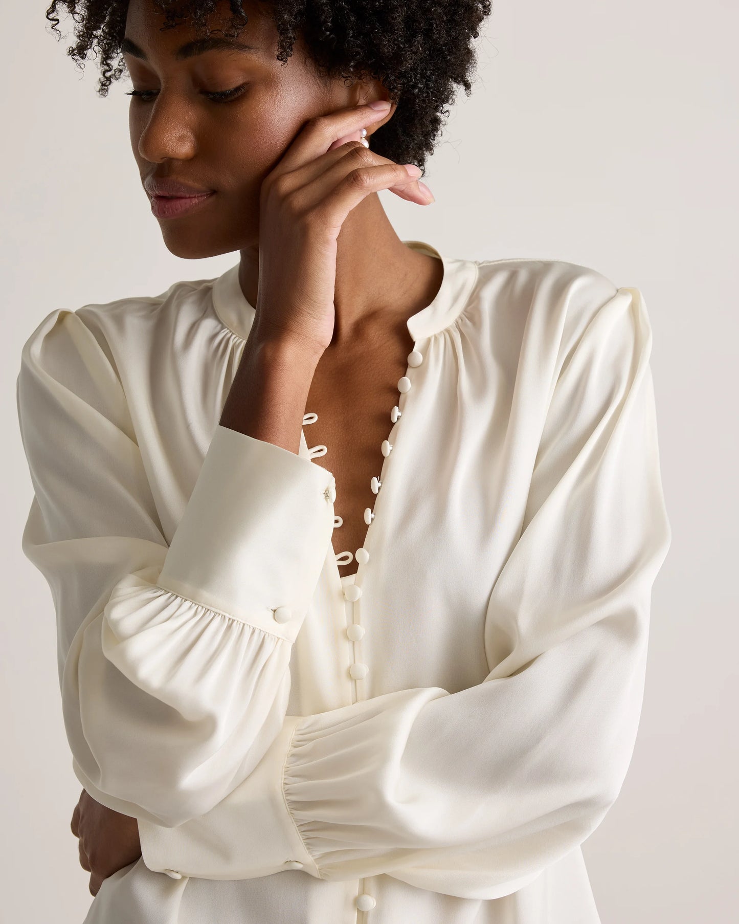 Washable Stretch Silk Peasant Blouse - XS / Ivory