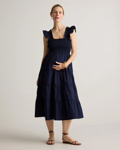 100% Organic Cotton Poplin Maternity Smocked Midi Dress - XS / Classic White