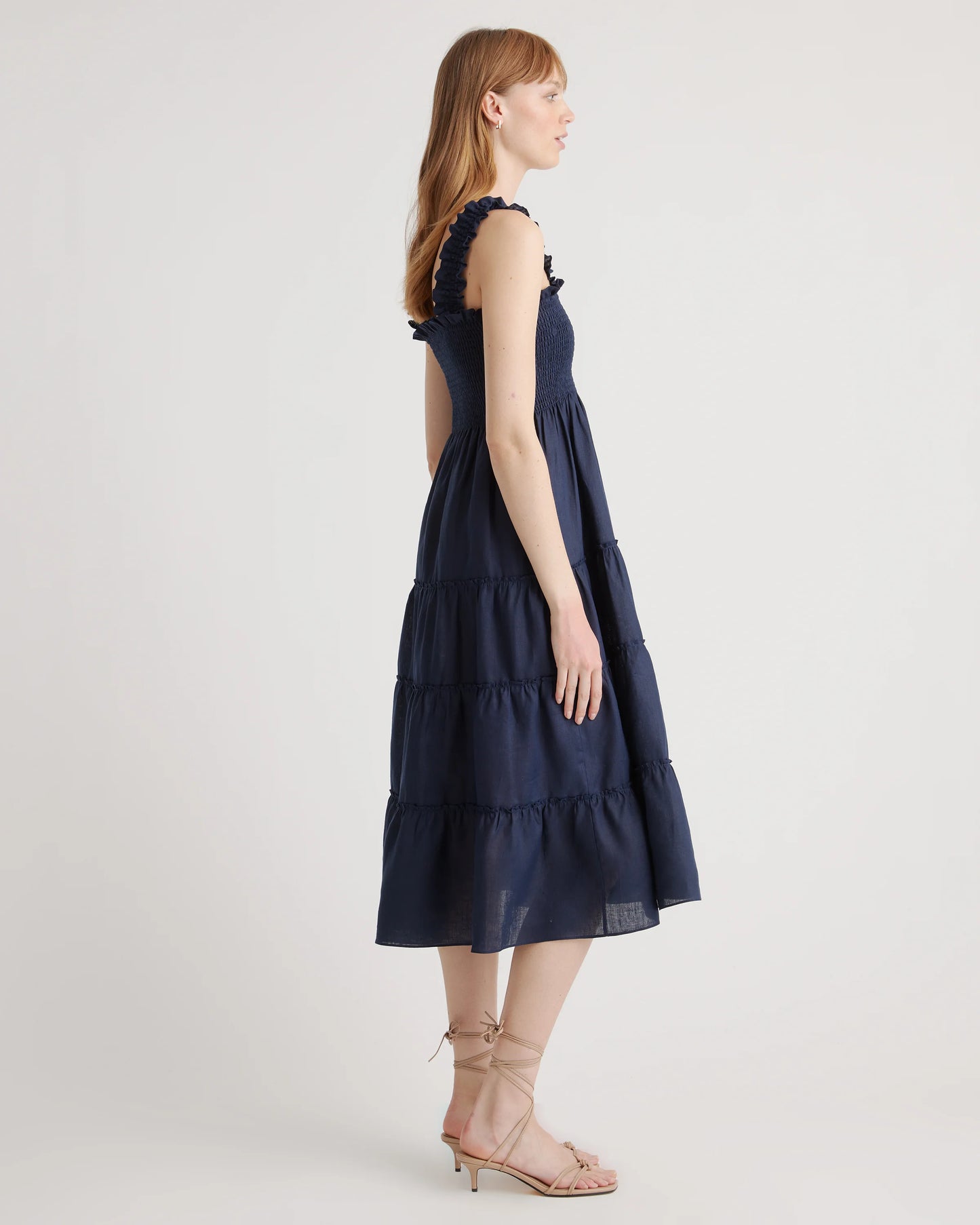 100% European Linen Smocked Midi Dress - XS / Ivory Porcelain Blue Petite Floral
