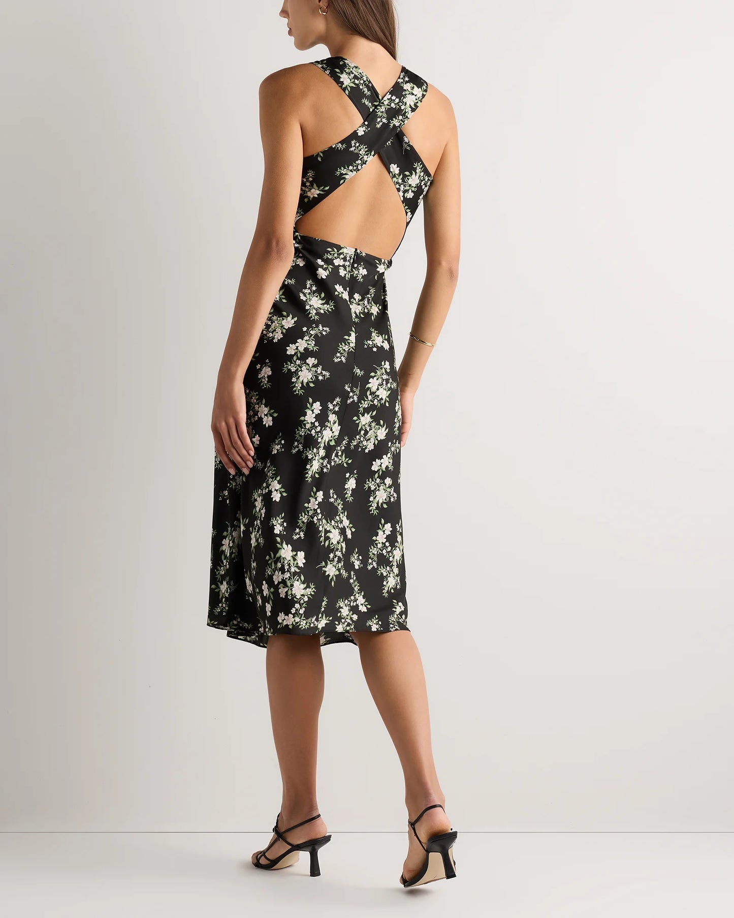 Washable Stretch Silk High Neck Midi Dress - XS / Vintage Navy Roses