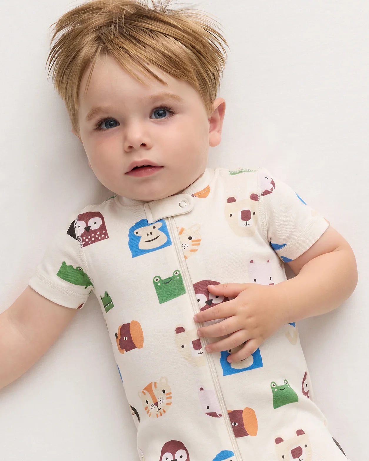100% Organic Cotton Shortie Onesie Pajama - 0-3M / Animal Faces