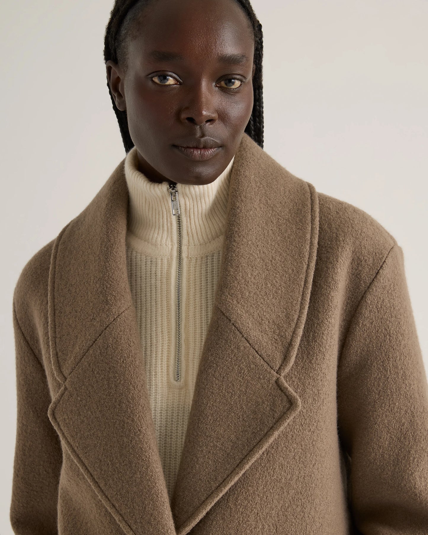 100% Merino Wool Shawl Collar Long Coat - XS / Heather Bone