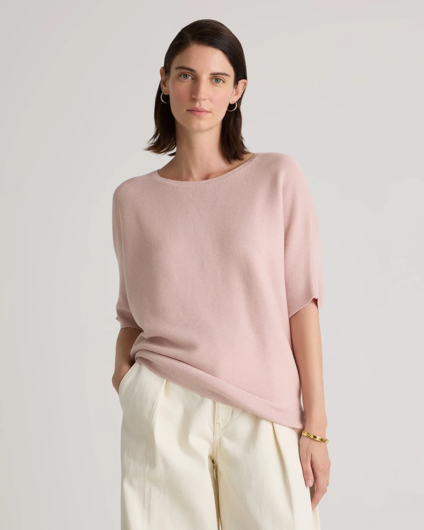 Lightweight Cotton Cashmere Link-Stitch Dolman Sweater - XS / Sugar Stone