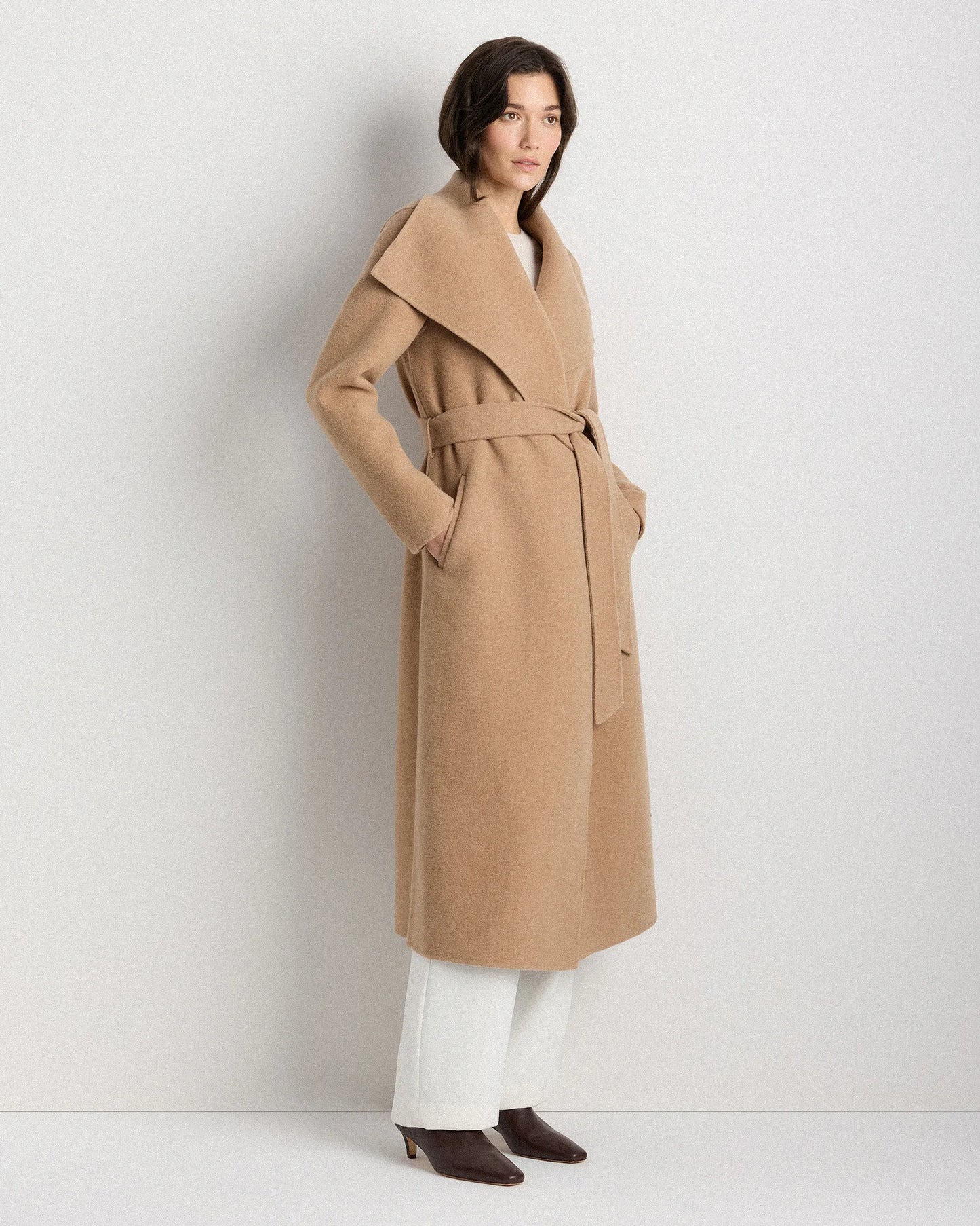 Double-Faced Merino Wool Draped Collar Wrap Coat - XS / Oat