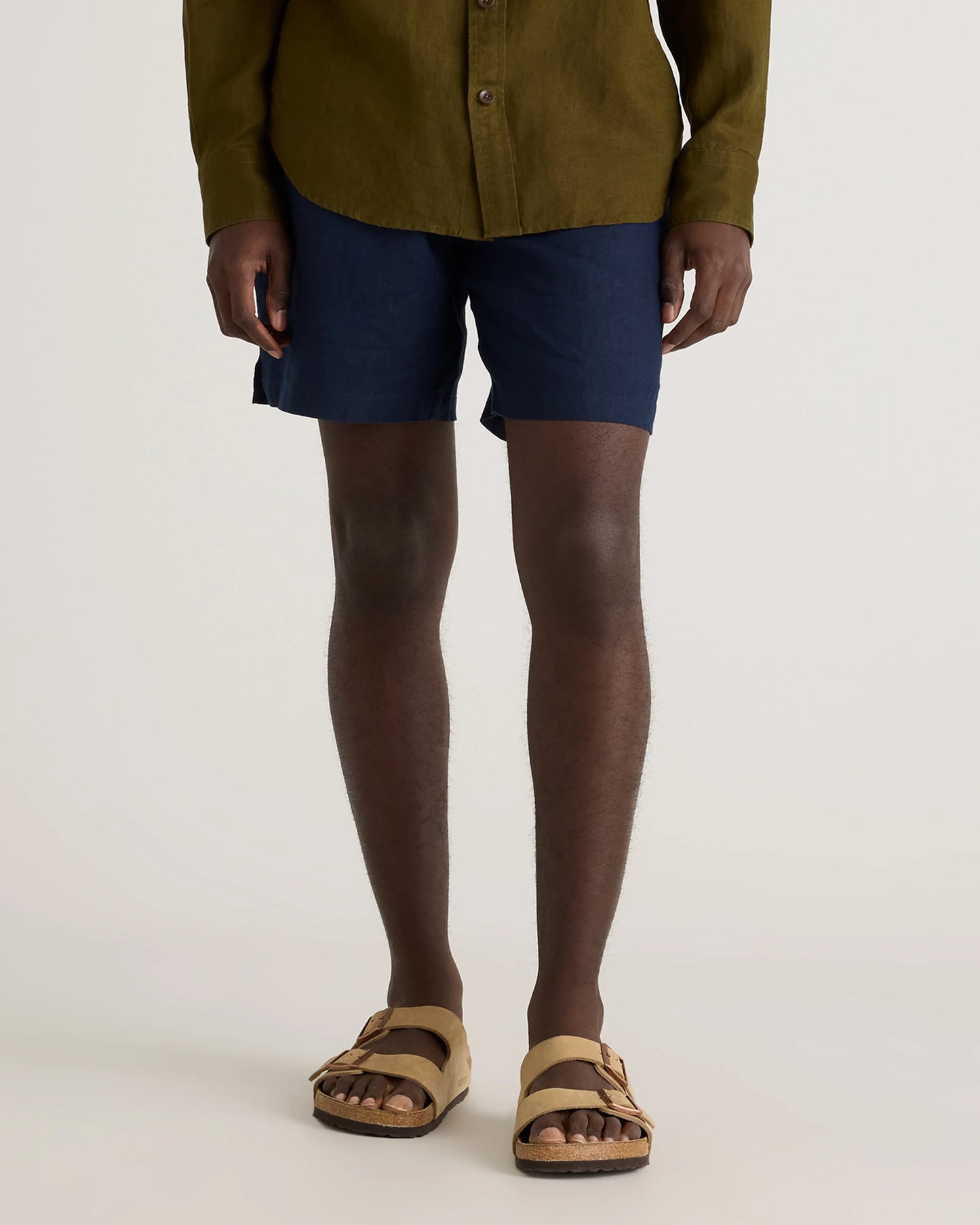 100% European Linen Drawstring Beach Shorts - 7" - XS / Taupe Brown Chambray