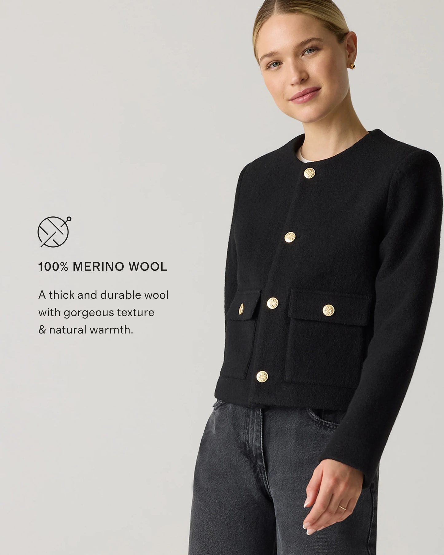 100% Merino Wool Collarless Cropped Jacket - XS / Heather Bone