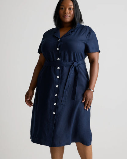 100% European Linen Button Front Dress - 1X / Blue Pinstripe