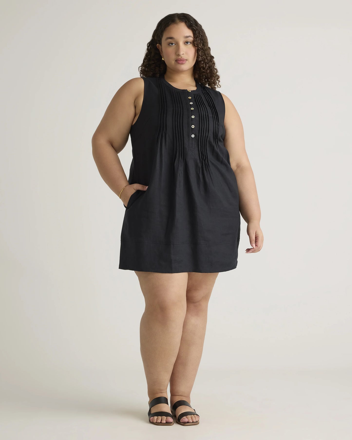100% European Linen Sleeveless Swing Dress - 1X / Bayberry Olive