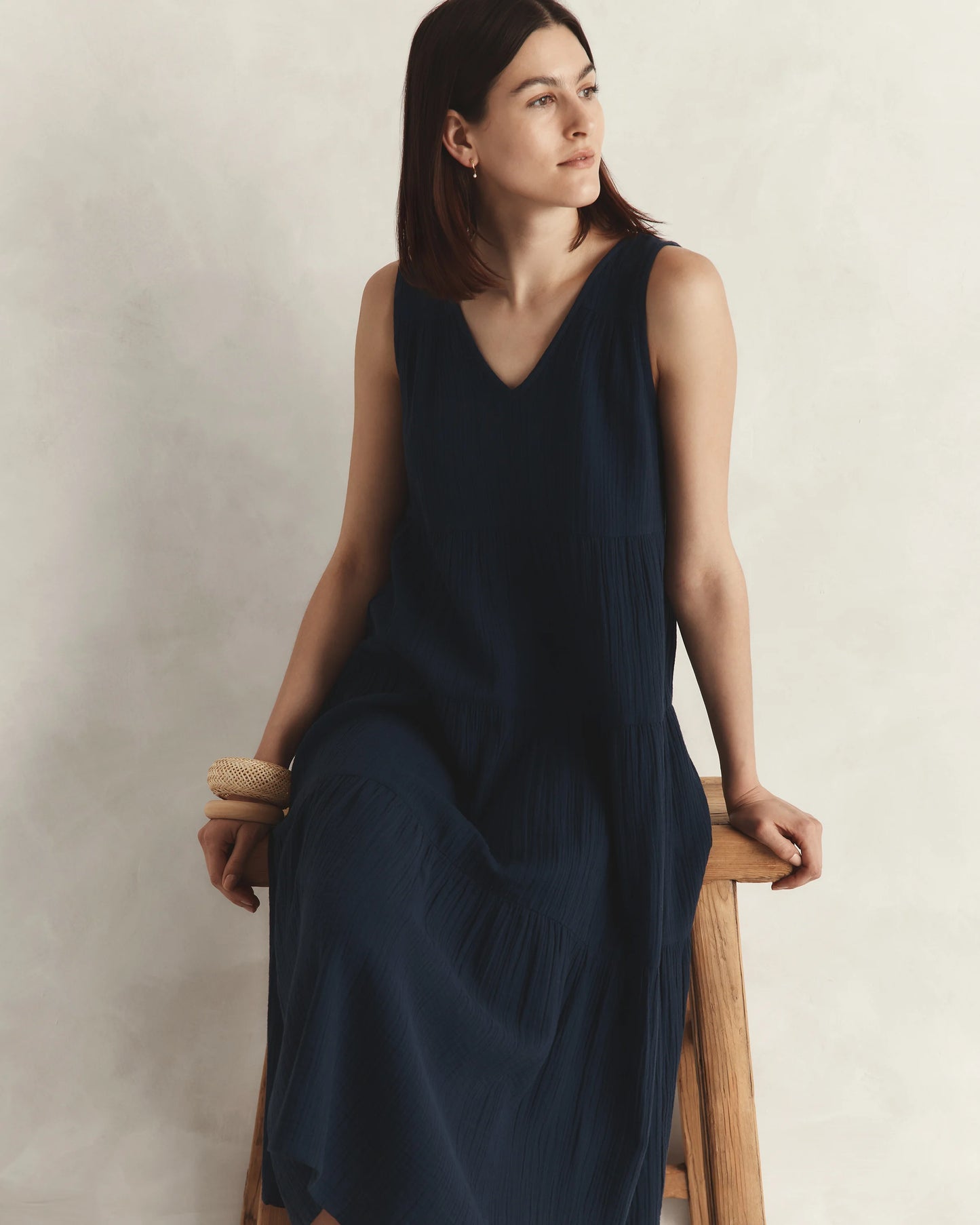 100% Organic Cotton Gauze Tiered Maxi Dress - XS / Indigo Blue