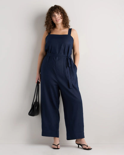 100% European Linen Square Neck Jumpsuit - 1X / Deep Navy