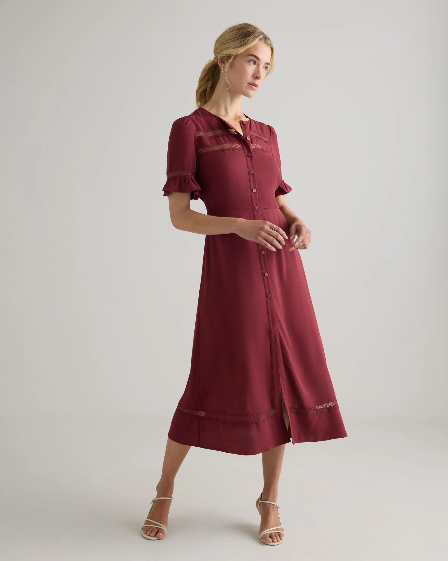 Lightweight Crepe Lace Inset Midi Dress - XS / Moonstone Blue