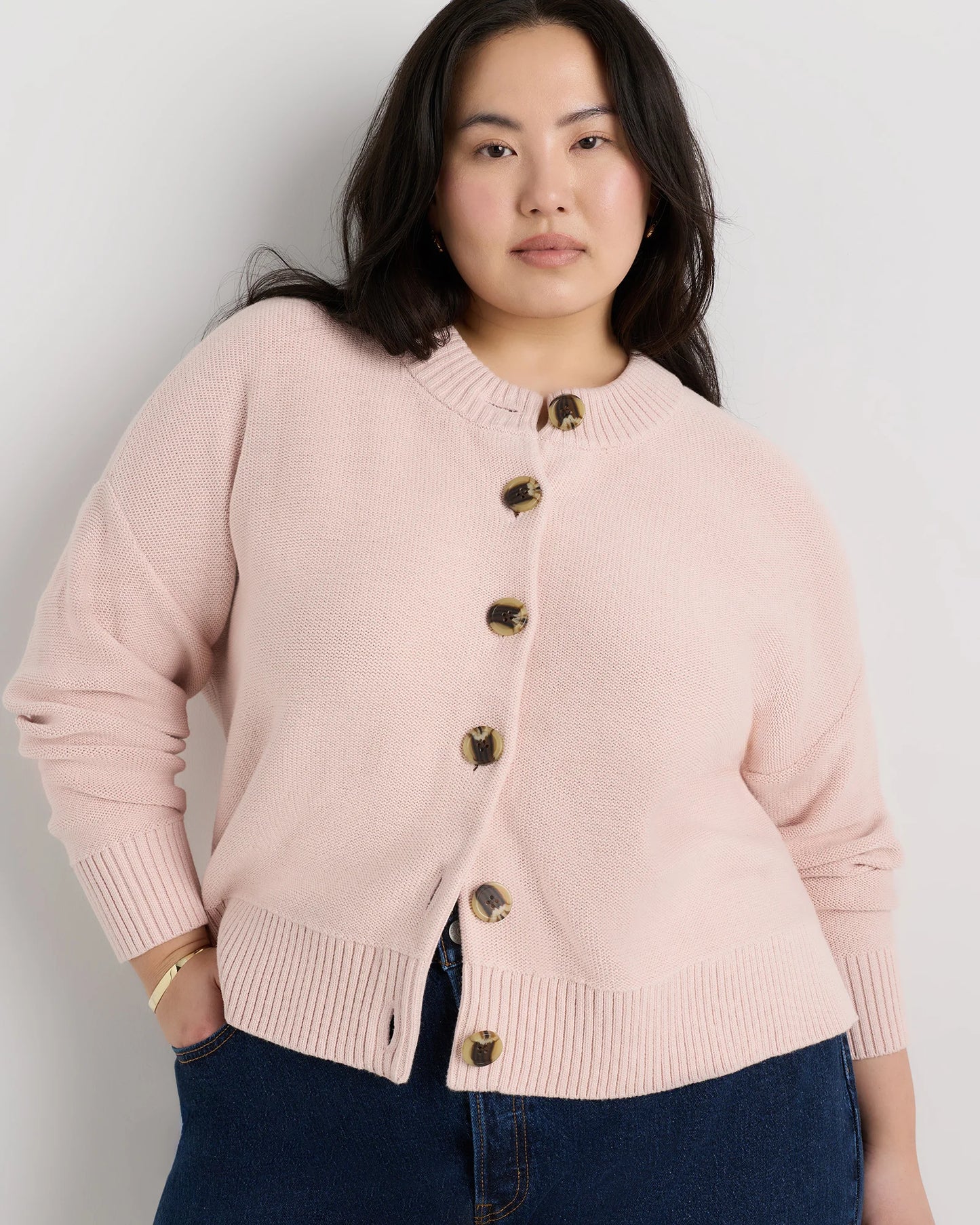 100% Organic Cotton Cropped Cardigan - 1X / Speckled Beige