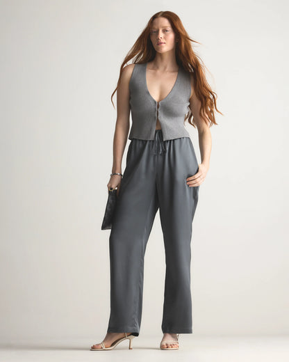 100% Washable Silk Drawstring Wide Leg Pants - XS / Champagne