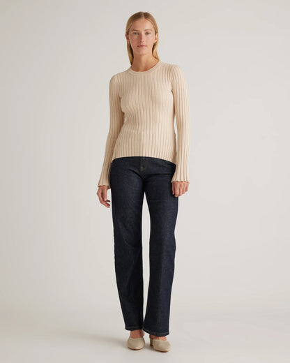 Cotton Cashmere Ribbed Long Sleeve Sweater - XS / Sugar Stone