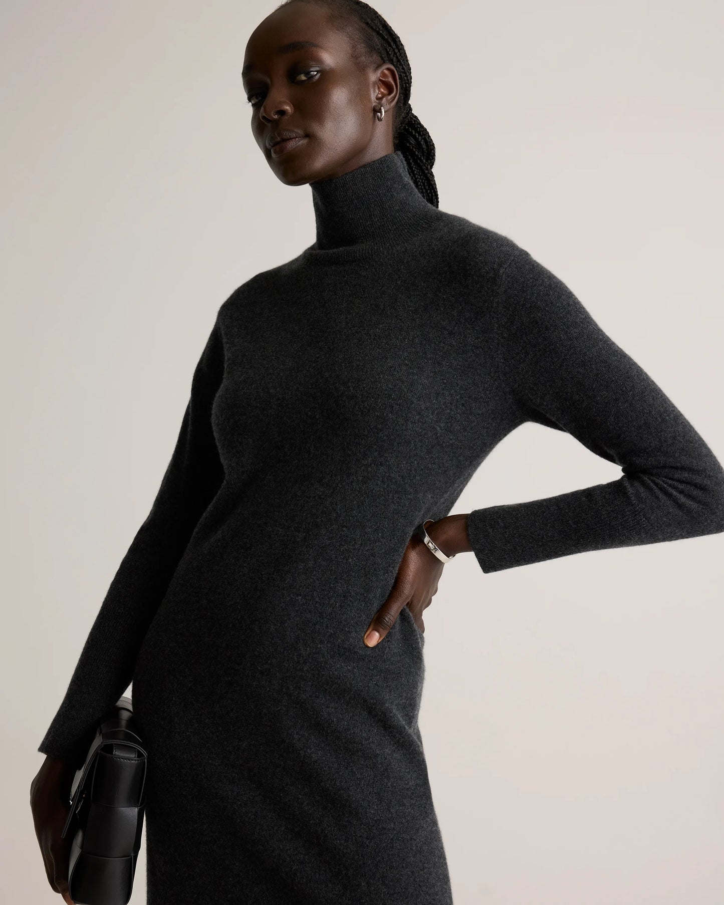 Mongolian Cashmere Turtleneck Midi Sweater Dress - XS / Charcoal