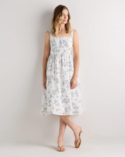100% European Linen Fit & Flare Midi Dress - XS / Brick Red Heirloom Floral
