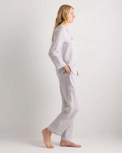 100% European Linen Long Sleeve Pajama Set with Piping - XS / Taupe Brown Gingham