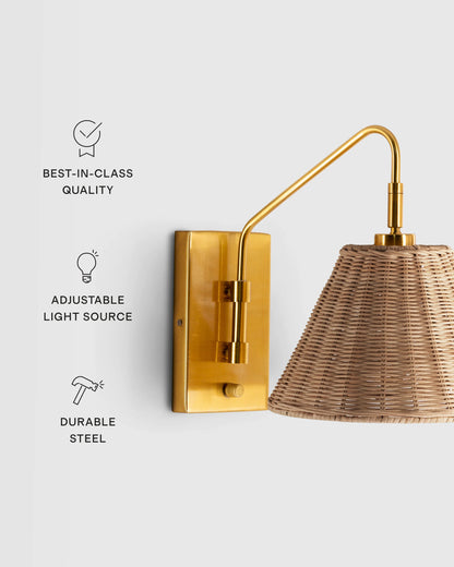 Articulating Sconce with Rattan Shade - One Size / Brass