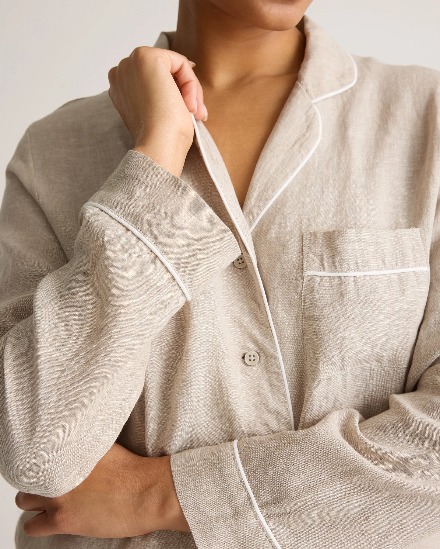 100% European Linen Long Sleeve Pajama Set with Piping - XS / Taupe Brown Gingham