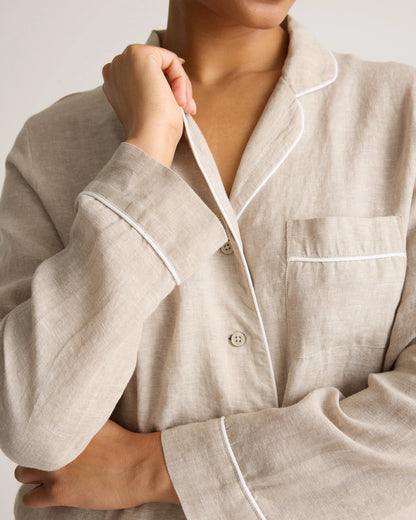 100% European Linen Long Sleeve Pajama Set with Piping - XS / Taupe Brown Gingham