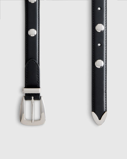 Alyssa European Leather Studded Skinny Belt - XS / Black/Silver