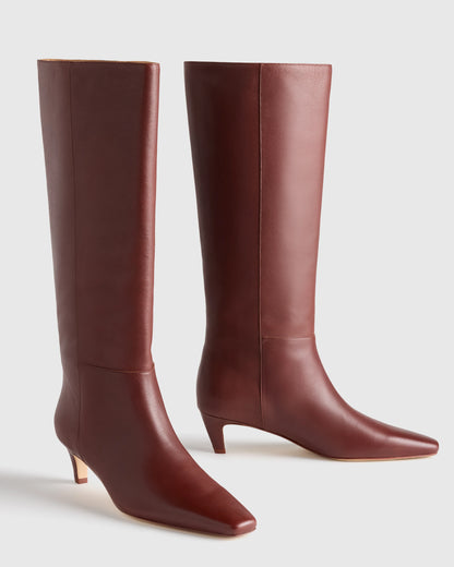 Italian Leather Tall Kitten Heel Boots - 5 / Espresso Brown