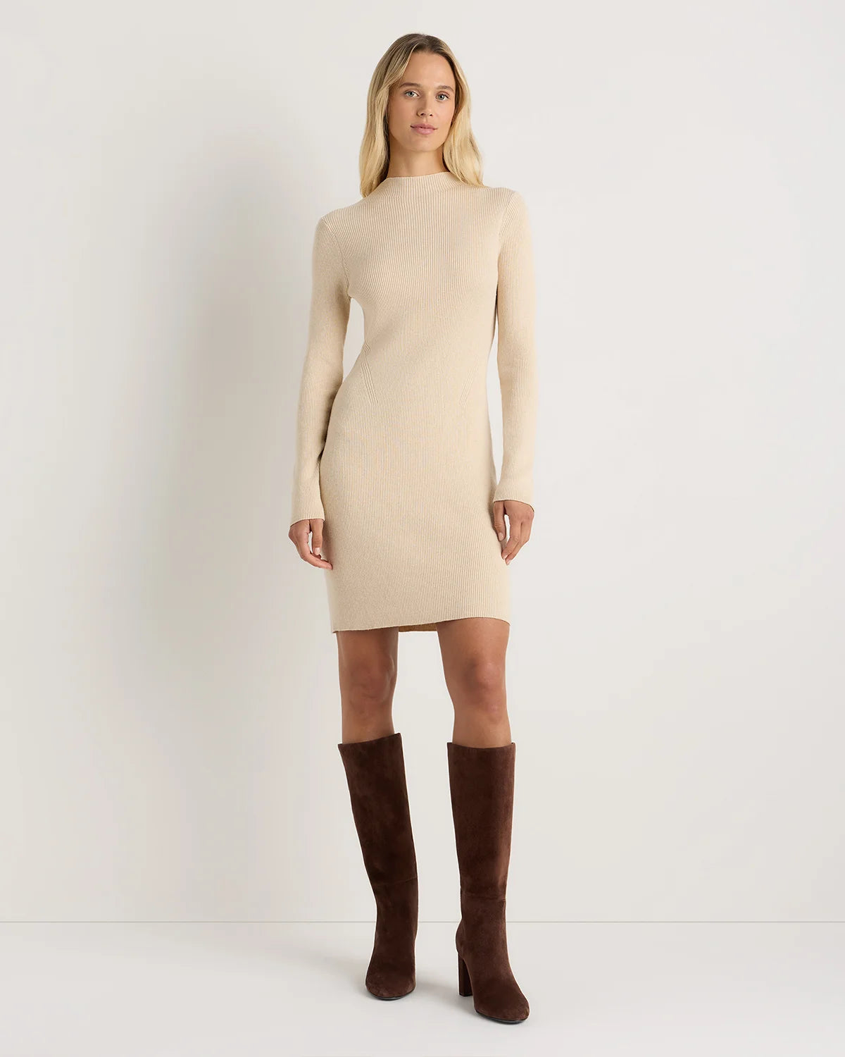 Cotton Cashmere Mock Neck Mini Dress - XS / Mocha Heather