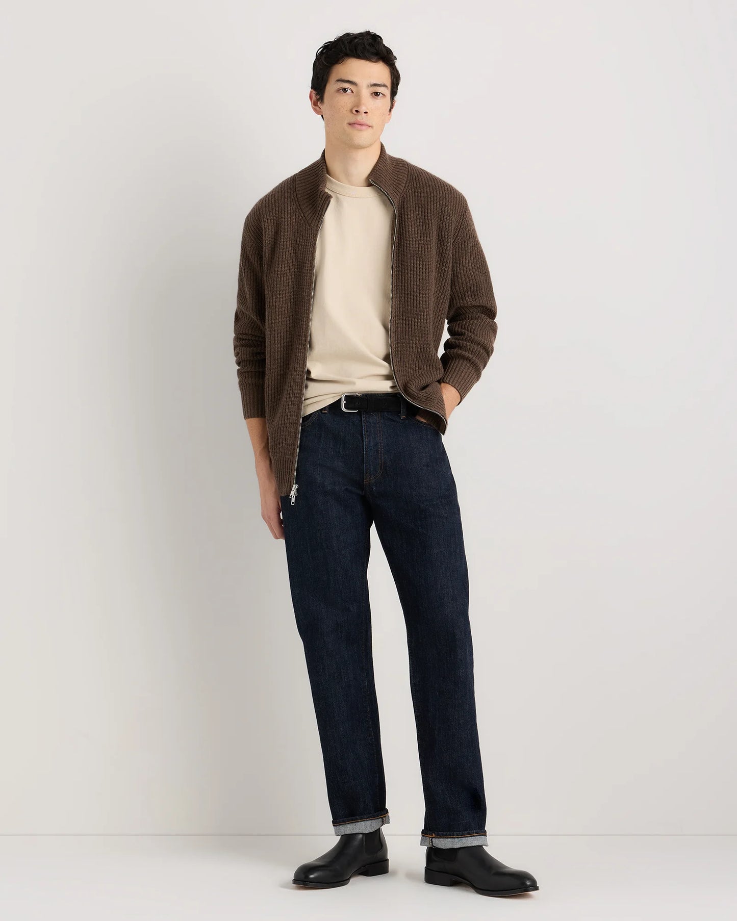 Mongolian Cashmere Fisherman Full Zip Sweater - S / Teak